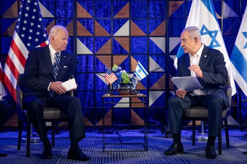 TEL AVIV, Oct. 19, 2023  -- Israeli Prime Minister Benjamin Netanyahu (R) meets with U.S. President Joe Biden in Tel Aviv, Israel, on Oct. 18, 2023.,Image: 814872369, License: Rights-managed, Restrictions: , Model Release: no, Credit line: Miriam Alster/JINI / Xinhua News / ContactoPhoto
