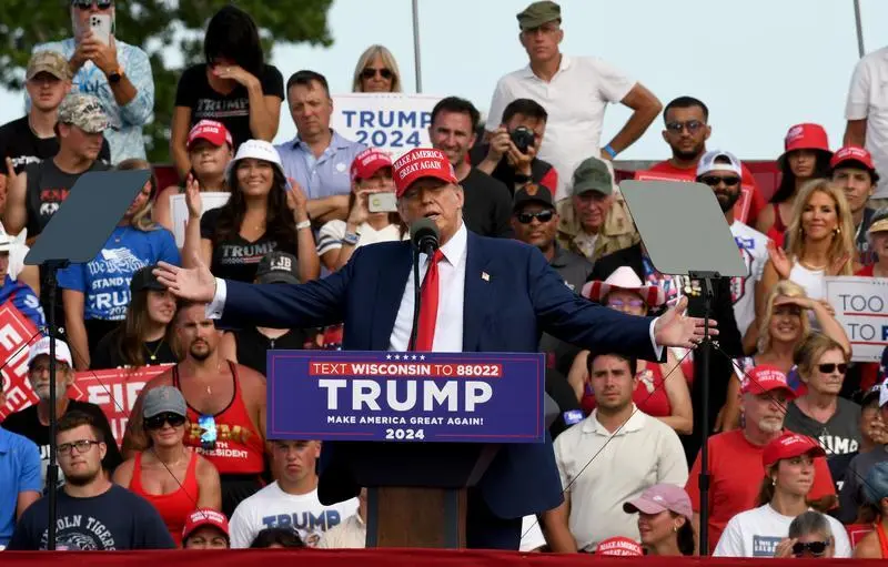 18 June 2024, US, Racine: Former US President Donald Trump speaks during a campaign rally at Racine Festival Park in Racine. Photo: Mark Hertzberg/ZUMA Press Wire/dpa
Mark Hertzberg/ZUMA Press Wire/d / DPA
18/6/2024 ONLY FOR USE IN SPAIN