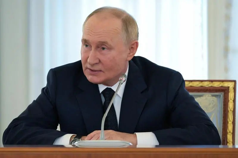 September 12, 2024, Strelna, St Petersburg Oblast, Russia: Russian President Vladimir Putin, delivers remarks during a meeting with high-ranking BRICS officials responsible for security matters at the Constantine Palace, September 12, 2024 in Strelna, St Petersburg, Russia.,Image: 909828183, License: Rights-managed, Restrictions: , Model Release: no, Credit line: Kristina Kormilitsyna/Brics Pool / Zuma Press / ContactoPhoto