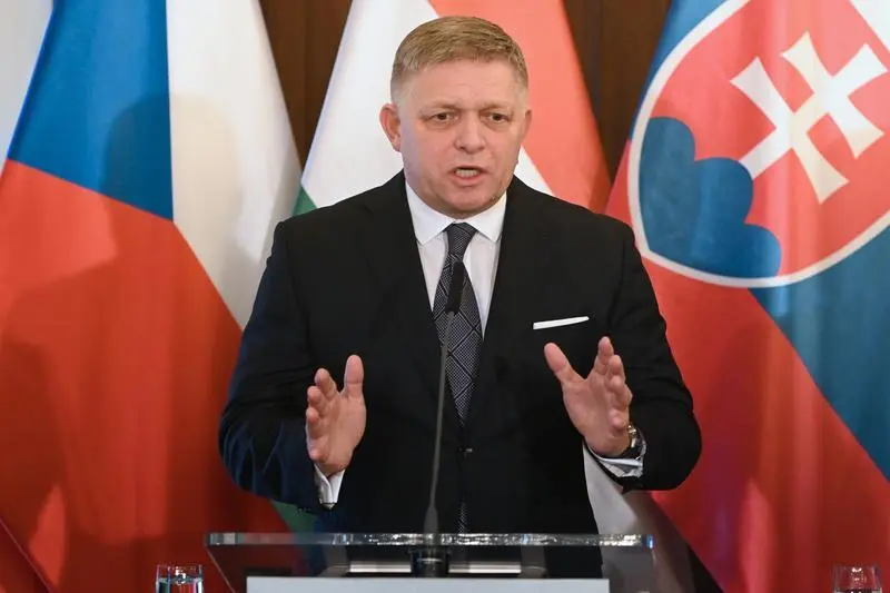 February 27, 2024, Prague, Czech Republic: Slovak prime minister, Robert Fico speaks during a joint press conference after summit of the Visegrad Group (V4) in Prague. Prime ministers of the Czech Republic, Slovakia, Poland and Hungary meets at the summit of the Visegrad Group (V4) hosted by the current Czech presidency group. The main topics discussed during the summit are energy security, strategic agenda of European Union, support of Ukraine during Russian invasion. Visegrad group (V4) was established in 1991 and consists of 4 countries from Central Europe: Czech republic, Slovakia, Hungary and Poland.,Image: 851507963, License: Rights-managed, Restrictions: , Model Release: no, Credit line: Tomas Tkacik / Zuma Press / ContactoPhoto