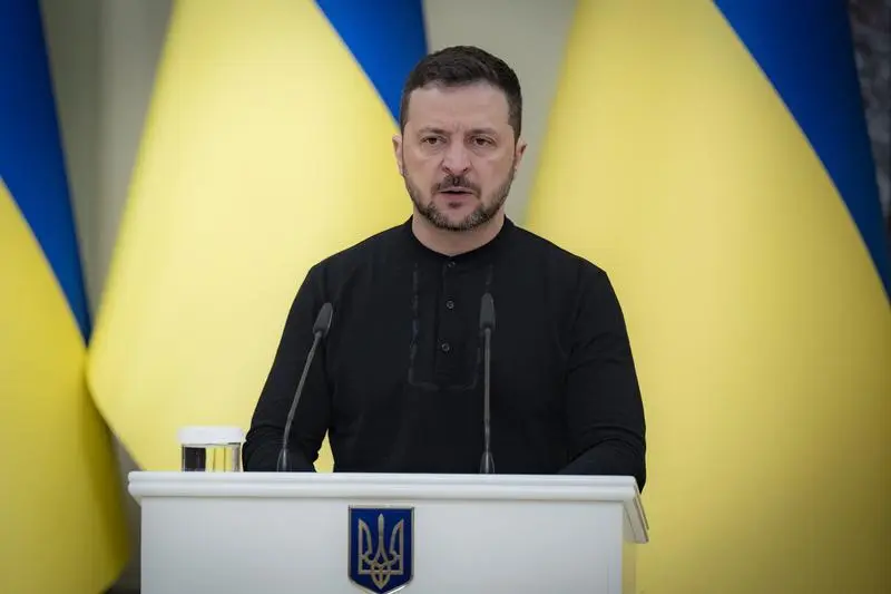 November 8, 2024, Kiev, Kyiv Oblast, Ukraine: Ukrainian President Volodymyr Zelenskyy, delivers remarks before awarding certificates for free apartments to Heroes of Ukraine and family members of fallen warriors during a ceremony at the Mariinskyi Palace, November 8, 2024 in Kyiv, Ukraine.,Image: 931971858, License: Rights-managed, Restrictions: , Model Release: no, Credit line: Ukraine Presidency/Ukrainian Pre / Zuma Press / ContactoPhoto
