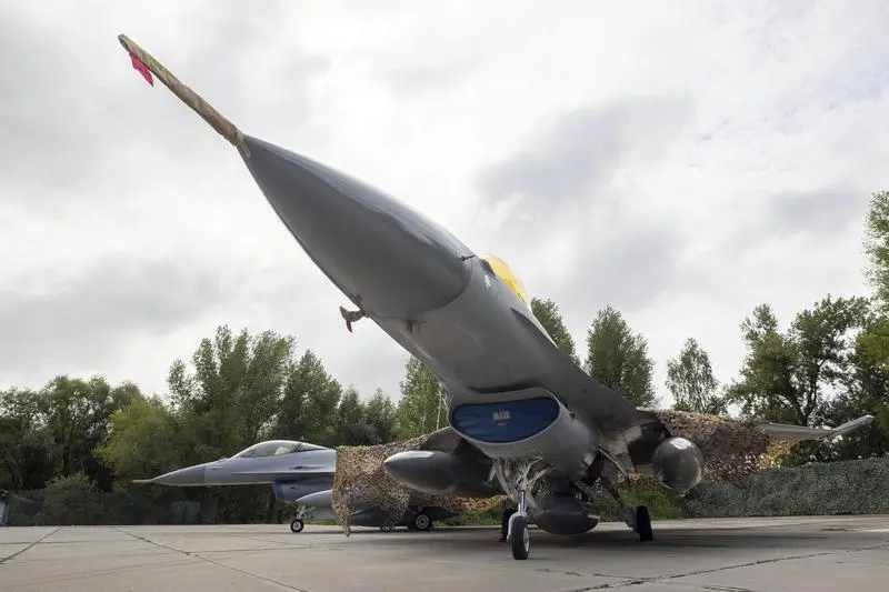 August 4, 2024, Kyiv, Kiev Oblast, Ukraine: Two of the newly delivered Ukrainian Air Force F-16 combat aircraft on display during a celebration of Air Force Day, August 4, 2024 at an Undisclosed Location in Ukraine. During the event Zelenskyy unveiled the first group of Lockheed Martin F-16 Fighting Falcon aircraft.,Image: 899962829, License: Rights-managed, Restrictions: , Model Release: no, Credit line: Ukraine Presidency/Ukrainian Pre / Zuma Press / ContactoPhoto