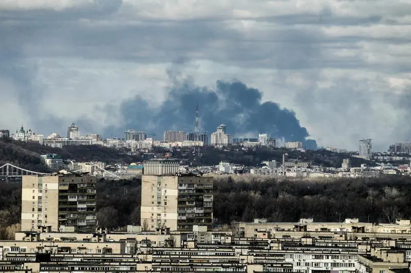 February 27, 2022, Kyiv, Ukraine: Smoke rises over the part of Ukraine's capital situated on the right bank of the Dnipro River in the morning on Sunday, Kyiv, capital of Ukraine.,Image: 665187667, License: Rights-managed, Restrictions: , Model Release: no, Credit line: Evgen Kotenko / Zuma Press / ContactoPhoto