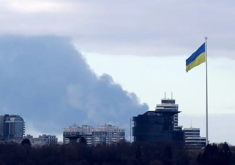 MOSCOW/KIEV, Feb. 24, 2024  -- This photo taken on Feb. 27, 2022 shows smoke rising in the sky in Kiev, Ukraine.,Image: 665222451, License: Rights-managed, Restrictions: , Model Release: no, Credit line: Lu Jinbo / Xinhua News / ContactoPhoto