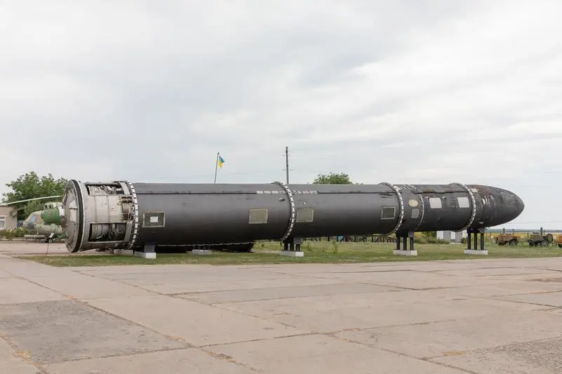 July 3, 2024, Mykolaiv, Ukraine: Intercontinental ballistic missile SS-18 Mod 5 (NATO reporting name: Satan) is seen in the museum of strategic missile forces After the dissolution of the Soviet Union, Ukraine held about one-third of the Soviet nuclear arsenal, the third largest in the world at the time, as well as significant means of its design and production. In 1994 Ukraine agreed to destroy the weapons and to join the Treaty on the Non-Proliferation of Nuclear Weapons (NPT). One of the former Unified Command Posts was converted into the Strategic Missile Forces Museum and is now part of the National Military History Museum in Kyiv..The museum represents a launching position with a shaft launcher, an underground command post, and above-ground service facilities. The Museum of Strategic Missile Forces is located in Mykolaiv region. During the Soviet period, this missile base was off-limits to the public and was managed by the 46th Red Flag Division of the Nijniodniprovska Missile Order of the October Revolution.,Image: 888276312, License: Rights-managed, Restrictions: , Model Release: no, Credit line: Mykhaylo Palinchak / Zuma Press / ContactoPhoto