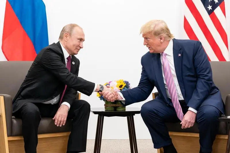 June 28, 2019 - Osaka, Japan - President DONALD TRUMP participates in a bilateral meeting with the President of the Russian Federation VLADIMIR PUTIN during the G20 Japan Summit Friday, June 28, 2019, in Osaka, Japan,Image: 452302552, License: Rights-managed, Restrictions: , Model Release: no, Credit line: White House / Zuma Press / ContactoPhoto