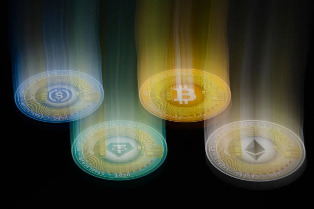 Visual representation of stablecoin cryptocurrency Circle's USD Coin (USDC), Tether (USDT); cryptocurrency Bitcoin (BTC) and Ethereum's ether (ETH) displayed on a smartphone.