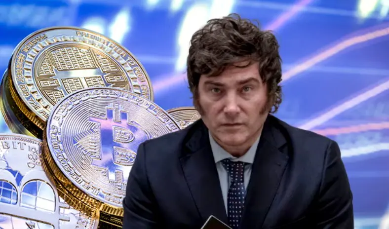 Milei y criptomoneda. Fotomontaje.