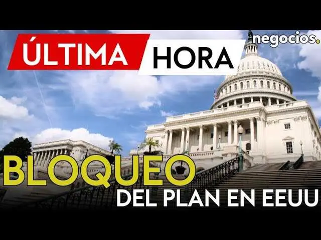 Captura del vídeo de Negocios TV mostrando titulares sobre el bloqueo del Senado y la crisis del gobierno en EE.UU.<br>                        <br>                        <br>                        <br>                      