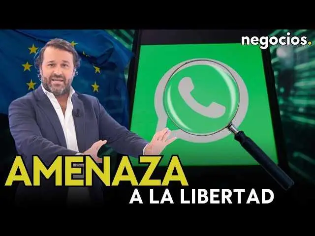 Captura del vídeo de Negocios TV mostrando un gráfico que ilustra la vigilancia digital en la UE, con un enfoque en la temática del Chat Control y la privacidad en línea.<br>                        <br>                        <br>                        <br>                      