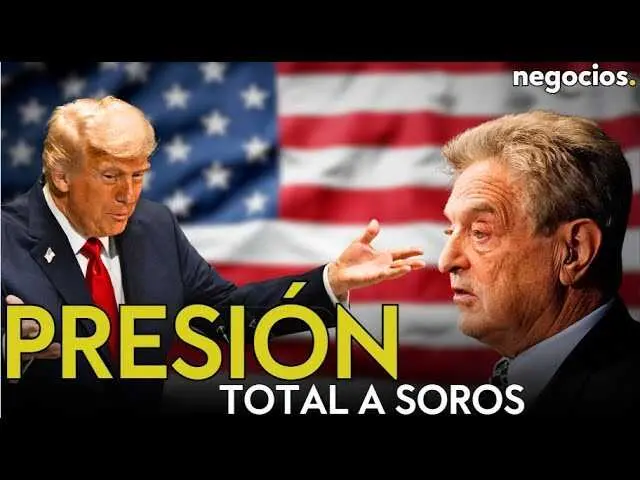 Captura del vídeo donde se observa a Donald Trump en un escenario con un fondo que refleja su discurso contra las ONG y Soros, en un tono profundo y polémico.<br>                        <br>                        <br>                        <br>                      