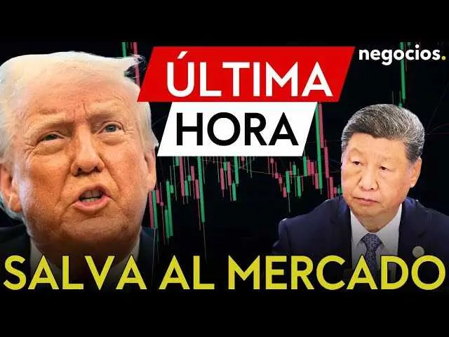 Captura del vídeo de Negocios TV que muestra a Donald Trump en rueda de prensa con gráficos de bolsas en el fondo<br>                        <br>                        <br>                        <br>                      