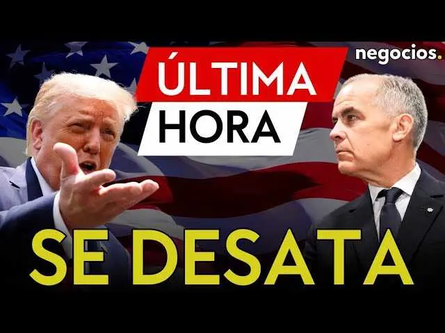 Donald Trump y el mapa de América del Norte sobre fondo de símbolos comerciales representando la tensión entre EE.UU. y Canadá.<br>                        <br>                        <br>                        <br>                      