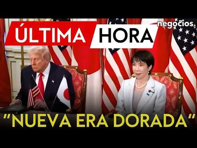Donald Trump y Sanae Takaichi oficializando la alianza bilateral en Tokio, con un fondo que simboliza la cooperación tecnológica y el acceso a minerales estratégicos.<br>                        <br>                        <br>                        <br>                      
