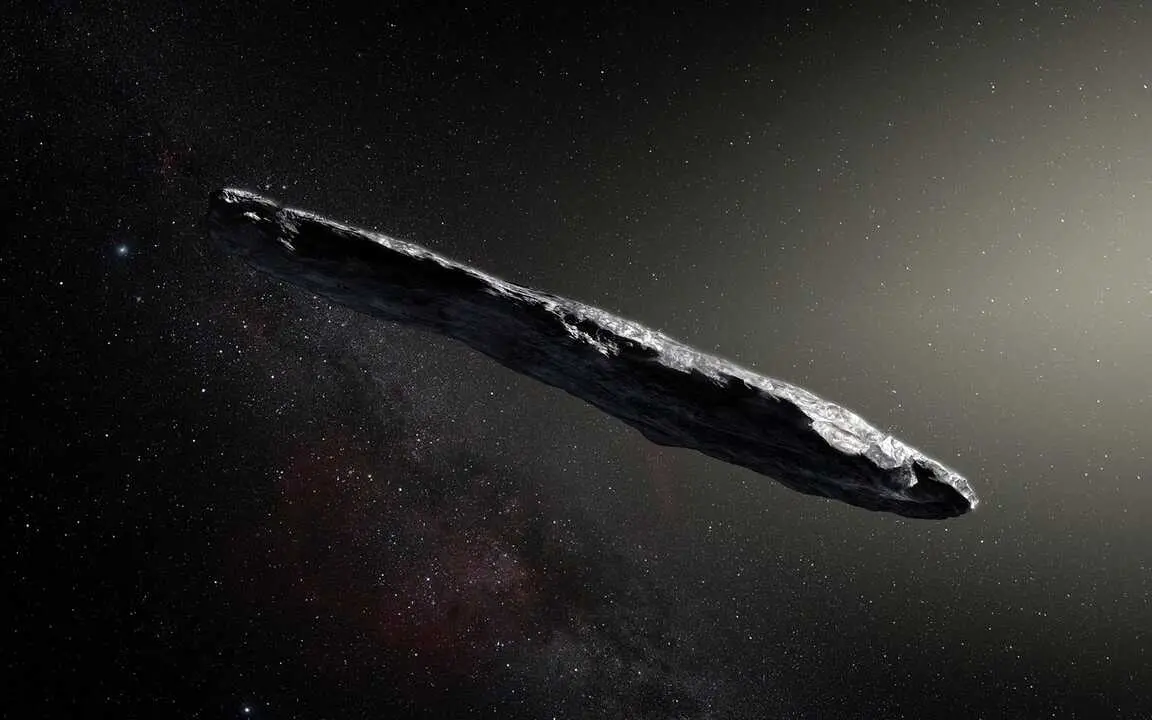 This artist’s impression shows the first interstellar asteroid: `Oumuamua. This unique object was discovered on 19 October 2017 by the Pan-STARRS 1 telescope in Hawai`i. Subsequent observations from ESO’s Very Large Telescope in Chile and other observatories around the world show that it was travelling through space for millions of years before its chance encounter with our star system. `Oumuamua seems to be a dark red highly-elongated metallic or rocky object, about 400 metres long, and is unlike anything normally found in the Solar System.