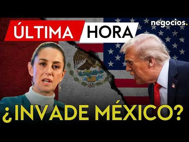 Trump en conferencia de prensa con símbolo del narcotráfico y mapa de México al fondo<br>                        <br>                        <br>                        <br>                      