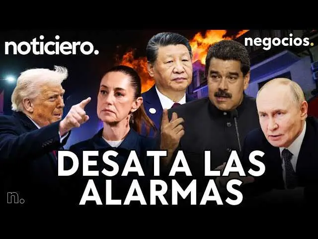 Captura del v&iacute;deo de Negocios TV que muestra el mapa con los pa&iacute;ses involucrados y emblemas militares de EEUU, Rusia, China y M&eacute;xico.<br>                        <br>                        <br>                        <br>                      