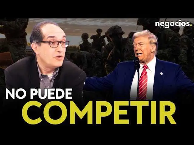 Donald Trump durante una conferencia, con gráfica alusiva a la rivalidad entre EE. UU. y China.<br>                        <br>                        <br>                        <br>                      