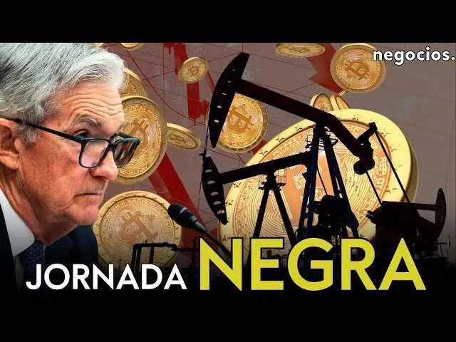 Captura del vídeo en Negocios TV que ilustra la situación volátil de los mercados, con gráficos representando la caída de Bitcoin y el petróleo.<br>                        <br>                        <br>                        <br>                      