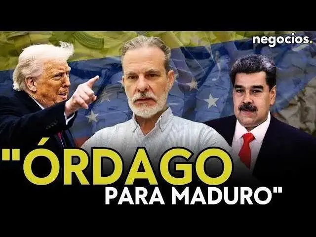 Imagen que muestra el rostro serio de Donald Trump con fondo de bandera estadounidense sobrepuesta a un mapa difuminado de Venezuela.<br>                        <br>                        <br>                        <br>                      