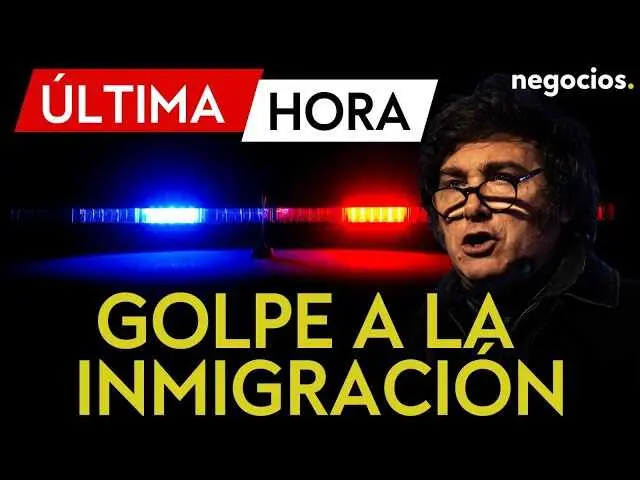 Imagen del canal Negocios TV mostrando a Javier Milei con elementos gráficos alusivos a la migración y el control de fronteras<br>                        <br>                        <br>                        <br>                      