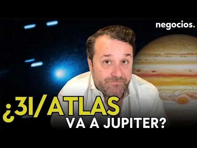 Vista telescópica del gigante gaseoso Júpiter en primer plano, con una representación esquemática del radio de Hill y la trayectoria del objeto 3I/Atlas.<br>                        <br>                        <br>                        <br>                      