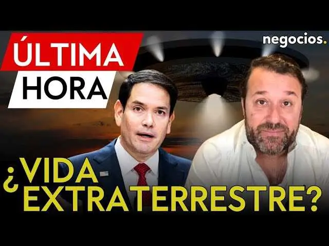 Marco Rubio en una imagen oficial, junto a títulos relacionados con el fenómeno ovni y el documental 'The Age of Disclosure'.<br>                        <br>                        <br>                        <br>                      