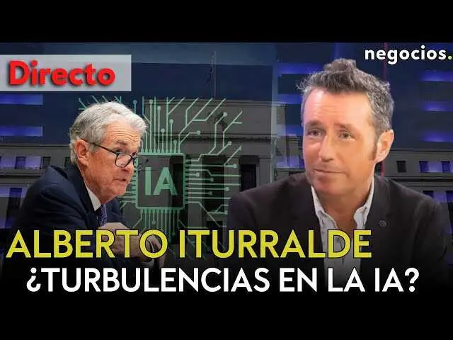 Captura en primer plano de Alberto Iturralde durante la transmisión en vivo en Negocios TV, con gráficos de mercado y referencias a inteligencia artificial en pantalla.<br>                        <br>                        <br>                        <br>                      