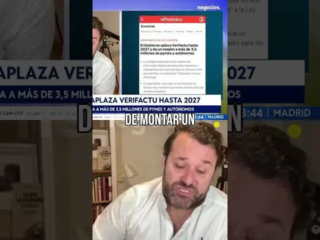 Pantallazo del vídeo de Negocios TV que anuncia el retraso de VeriFactu hasta 2027, mostrando el logo oficial y gráficos alusivos a facturación electrónica.<br>                        <br>                        <br>                        <br>                      