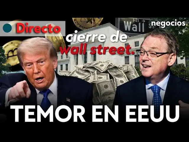Gráfico de cierre de Wall Street con índices bursátiles y evolución del dólar, acompañado de representación gráfica de Bitcoin<br>                        <br>                        <br>                        <br>                      