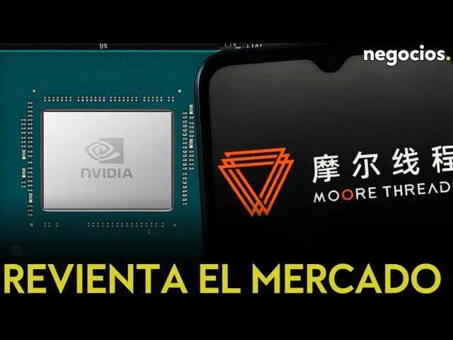 Logotipo de Moore Threads en la pantalla durante su debut en la bolsa de Shanghái con fondo de gráficos financieros.<br>                        <br>                        <br>                        <br>                      