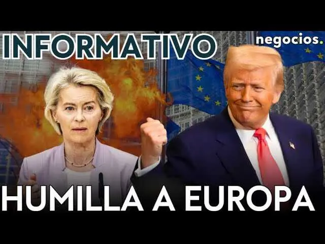 Donald Trump durante una entrevista, con un fondo que muestra símbolos de la Unión Europea y mapas de Ucrania, reflejando la tensión geopolítica actual.<br>                        <br>                        <br>                        <br>                      