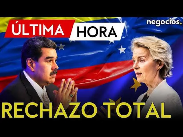 Vista del logo de la Uni&oacute;n Europea junto a una bandera de Venezuela ondeando, simbolizando la tensi&oacute;n diplom&aacute;tica entre ambas naciones.<br>                        <br>                        <br>                        <br>                      