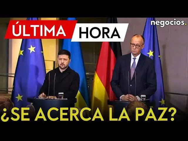 Friedrich Merz durante una conferencia de prensa conjunta con Volod&iacute;mir Zelenski, destacando avances diplom&aacute;ticos hacia la paz.<br>                        <br>                        <br>                        <br>                      