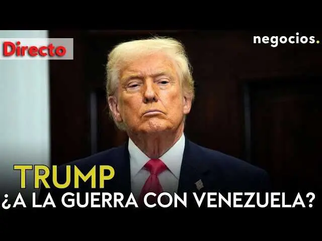 Donald Trump en una conferencia de prensa, gesto serio, acompa&ntilde;ado del mapa de Venezuela en segundo plano<br>                        <br>                        <br>                        <br>                      