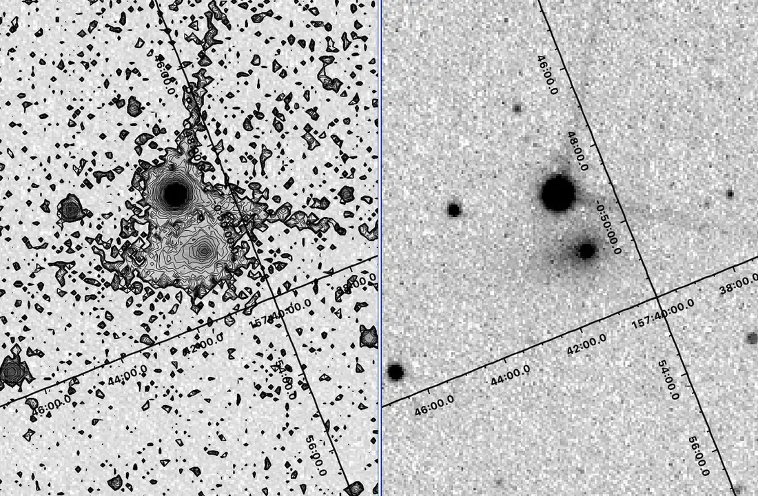Imagen de 3I/ATLAS del 21.627 de diciembre de 2025 UTC (con un gr&aacute;fico de contornos a la izquierda). El chorro a la derecha (oeste) es la anticola que se dirige hacia el Sol. El campo es de 6 por 12 minutos de arco, y la duraci&oacute;n de la exposici&oacute;n es de 15 segundos en el telescopio orbital Maksutov de 0,15 m de NEOSSat. La cuadr&iacute;cula de coordenadas corresponde a la ecl&iacute;ptica de 2000. (Cr&eacute;dito de la imagen: D. D. Balam (DAO/NRC), C. E. Spratt (ret.), D. W. E. Green (CBAT), P. Langill (RAO/U. de Calgary), Omar Elmi (CSA), Jack Williams (CSA) y la Agencia Espacial Canadiense)