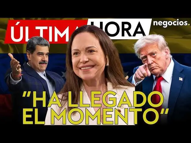 Mar&iacute;a Corina Machado anunciando el fin del r&eacute;gimen de Nicol&aacute;s Maduro en Venezuela, con fondo de la bandera venezolana.<br>                        <br>                        <br>                        <br>                      