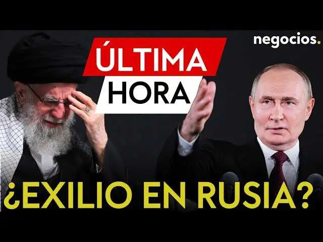 Imagen del l&iacute;der supremo iran&iacute; Ali Jamenei, con la bandera de Ir&aacute;n de fondo y un mapa sobre Rusia, simbolizando la posible huida estrat&eacute;gica.<br>                        <br>                        <br>                        <br>                      