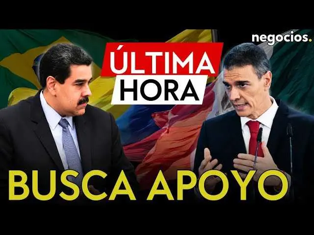 Pedro S&aacute;nchez en conferencia de prensa, mientras se muestran banderas de Espa&ntilde;a y pa&iacute;ses latinoamericanos, simbolizando la cooperaci&oacute;n regional en la crisis venezolana.<br>                        <br>                        <br>                        <br>                      