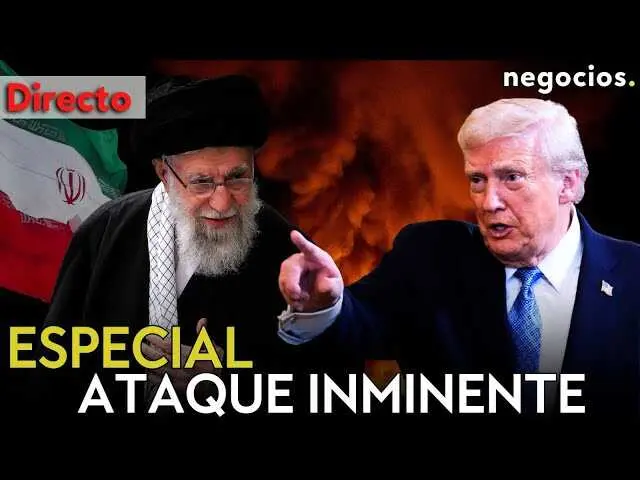 Donald Trump en un discurso oficial anunciando la acci&oacute;n inminente contra Ir&aacute;n, con el fondo del mapa de Oriente Medio y s&iacute;mbolos energ&eacute;ticos.<br>                        <br>                        <br>                        <br>                      