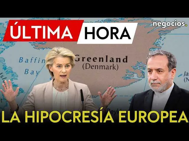 El canciller iran&iacute; Abbas Araghchi durante una rueda de prensa, junto al logo de la Uni&oacute;n Europea y la imagen satelital de Groenlandia.<br>                        <br>                        <br>                        <br>                      