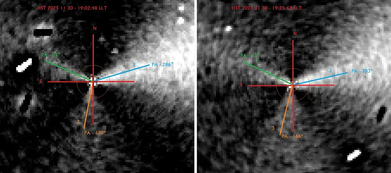 El sistema en chorro se tambalea peri&oacute;dicamente con un per&iacute;odo de 7,2 horas alrededor del eje de rotaci&oacute;n, seg&uacute;n dos exposiciones del Hubble separadas por 23 minutos el 30 de noviembre de 2025. (Cr&eacute;dito de las im&aacute;genes: T. Scarmato y A. Loeb, como se analiza en un nuevo art&iacute;culo aqu&iacute; basado en datos publicados por NASA/ESA/STScI)