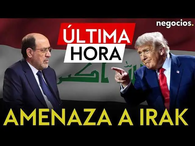 Retrato de Donald Trump superpuesto con una imagen del Parlamento iraqu&iacute; en Bagdad al atardecer.<br>                        <br>                        <br>                        <br>                      