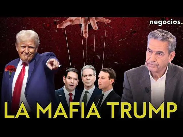Trump junto a im&aacute;genes simb&oacute;licas que evocan un estilo mafioso y la relaci&oacute;n con l&iacute;deres mundiales, ilustrando su controvertida iniciativa diplom&aacute;tica<br>                        <br>                        <br>                        <br>                      