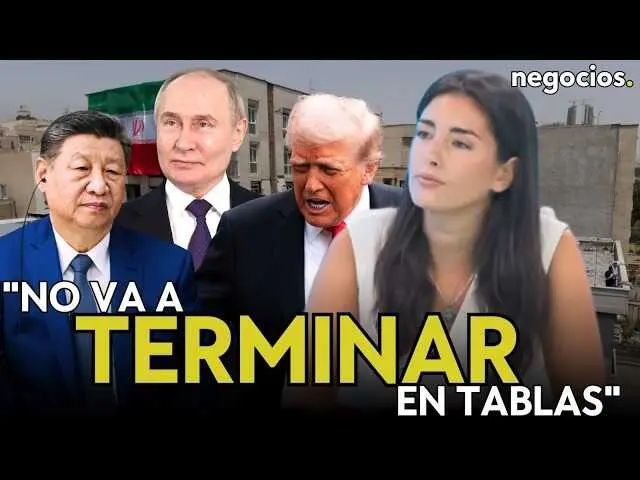 Covadonga Torres analizando la guerra de Ir&aacute;n en el estudio de Negocios TV, con mapas geopol&iacute;ticos y gr&aacute;ficos en segundo plano.<br>                        <br>                        <br>                        <br>                      