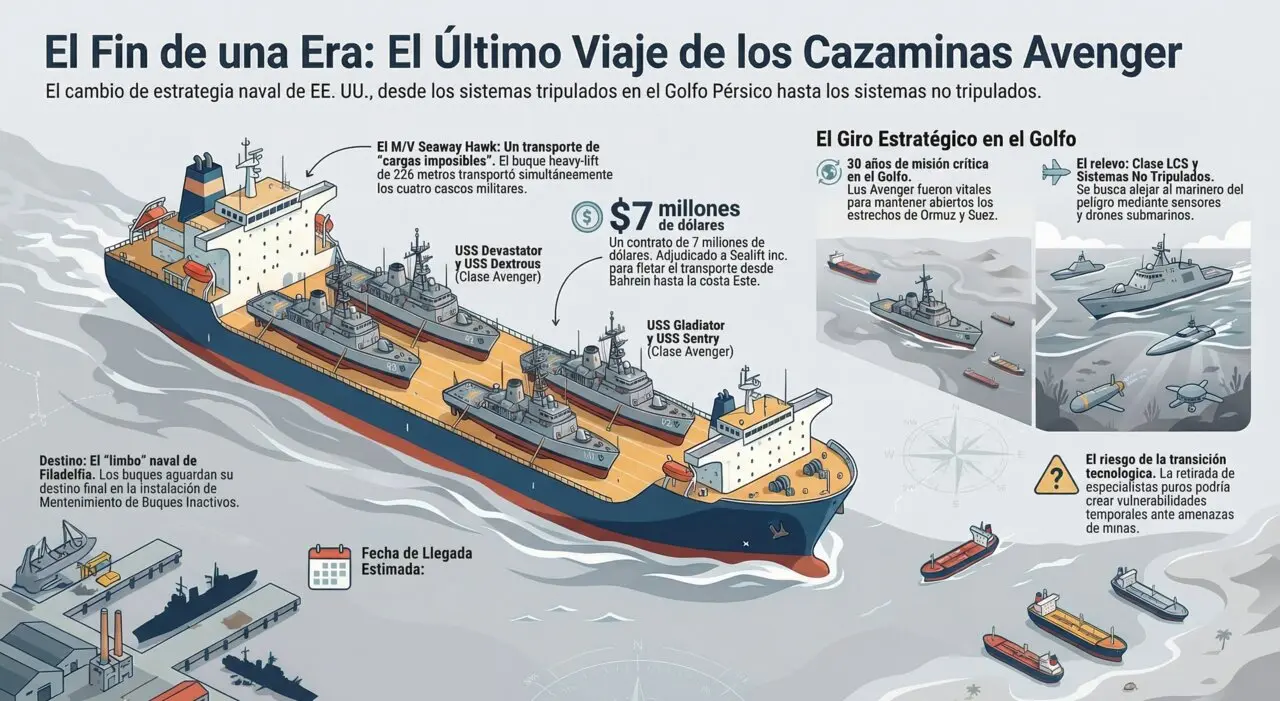 El buque mercante Seaway Hawk transporta los buques de contramedidas de minas clase Avenger de la Armada de los EE. UU. fuera de servicio USS Devastator, USS Dextrous, USS Gladiator y USS Sentry
