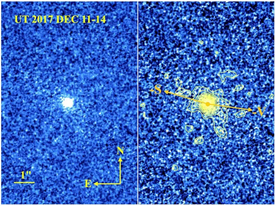 Imagen del cometa 41P/Tuttle&ndash;Giacobini&ndash;Kresak, perteneciente a la familia de J&uacute;piter, capturada por el telescopio Hubble e integrada durante 3840 segundos en diciembre de 2017. El panel derecho muestra contornos de brillo de la columna de gas que rodea al cometa. Las flechas indican la direcci&oacute;n antisolar (&ndash;S) y el vector de velocidad negativo proyectado con respecto al Sol (&ndash;V). (Cr&eacute;dito de la imagen: D. Jewitt 2026)