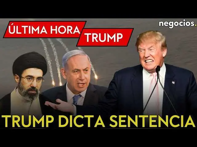 Donald Trump durante su anuncio sobre la tregua con Ir&aacute;n, mientras se observan banderas estadounidenses e iran&iacute;es en un fondo diplom&aacute;tico.<br>                        <br>                        <br>                        <br>                      
