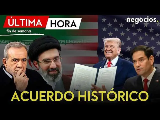 Donald Trump en conferencia, con la imagen del estrecho de Ormuz sobreimpresa en tonos azules y rojos, simbolizando la tensi&oacute;n y el di&aacute;logo en Oriente Medio.<br>                        <br>                        <br>                        <br>                      