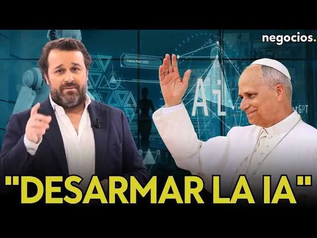 El Papa Le&oacute;n XIV durante su discurso, con la imagen alusiva a la Inteligencia Artificial en fondo digital.<br>                        <br>                        <br>                        <br>                      